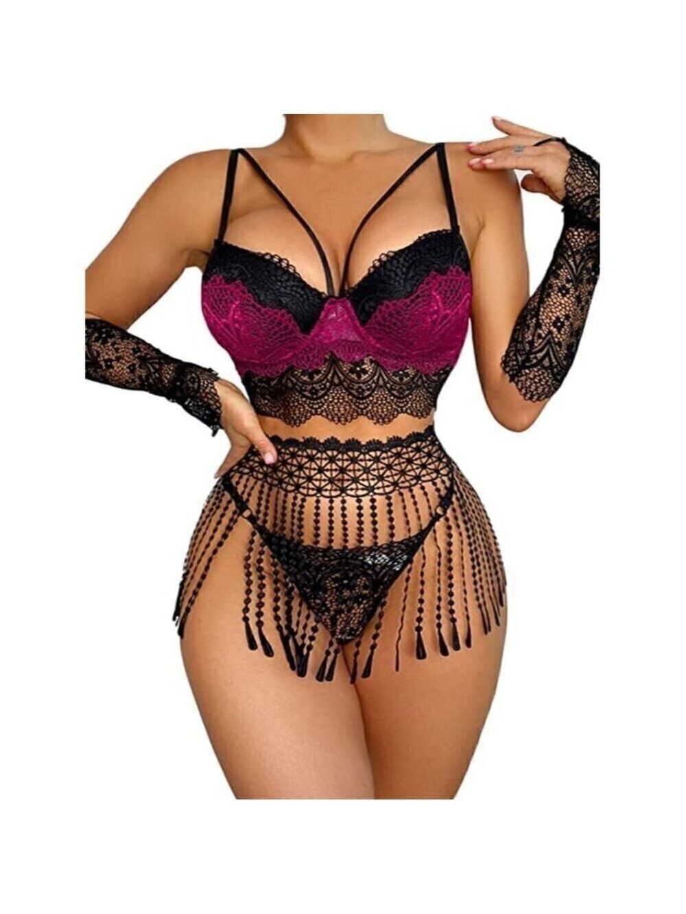 SEXY Cami Burgundy Lingerie Tassel Woven Strappy Exotic Set Padded Lace Romantic
